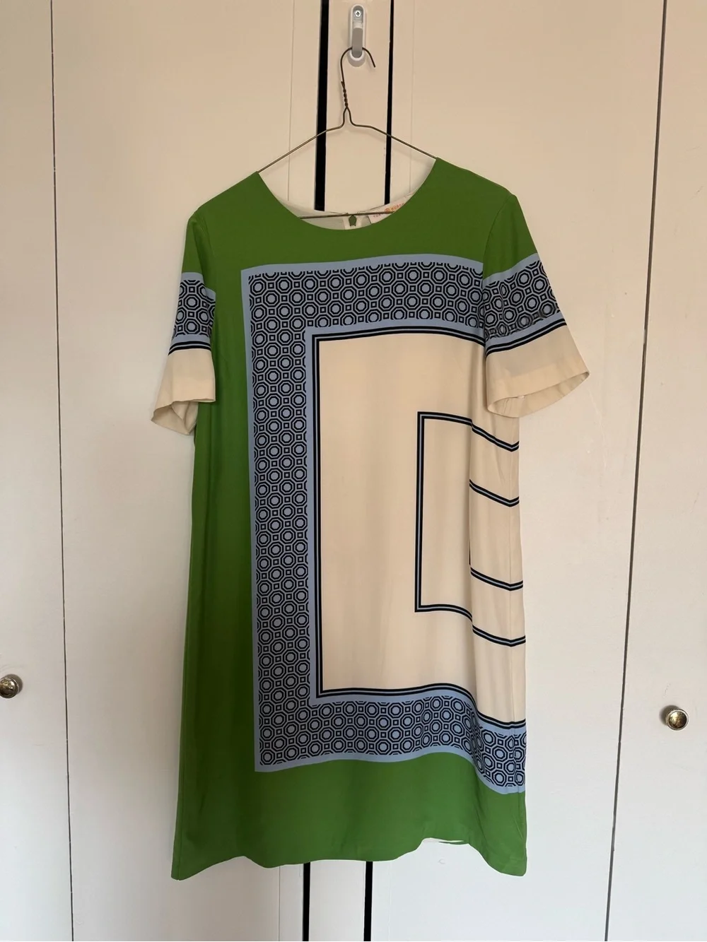 Tory Burch Green, Cream and Navy Graphic Border Shift Dress